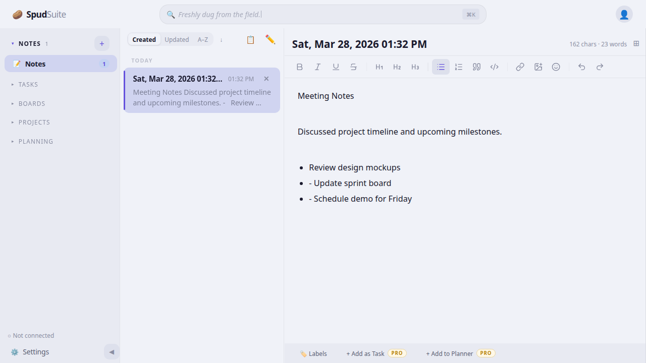 SpudSuite notes editor showing WYSIWYG editing